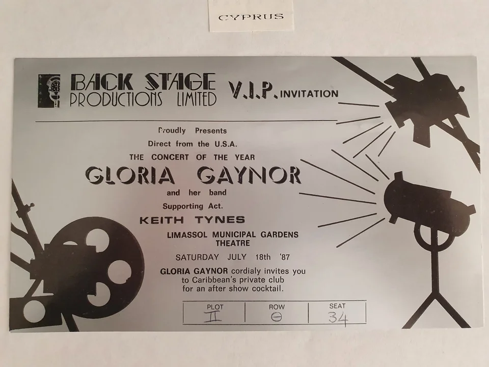 Historische Einladung: Gloria Gaynor und Band, Supporting Act Keith Tynes, Limassol Municipal Gardens Theatre, 18. Juli 1987